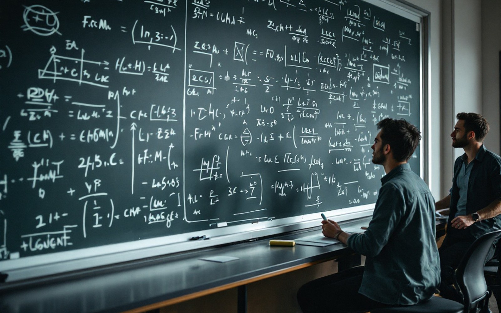 Two men sit before a chalkboard densely covered with mathematical equations and diagrams