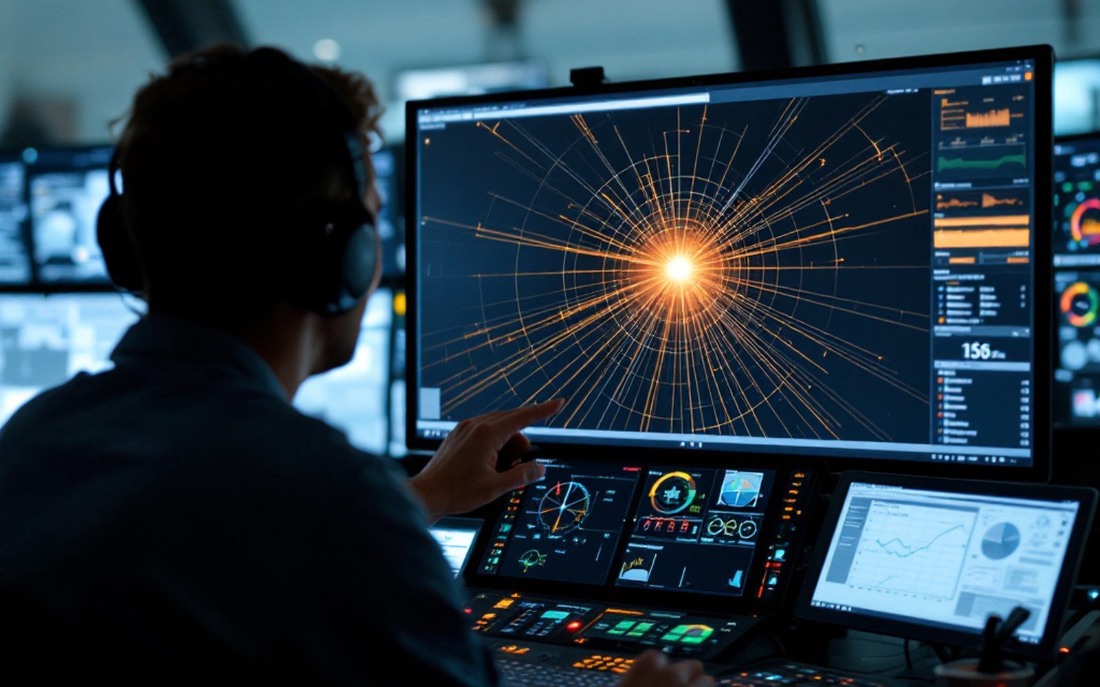 Headphone-wearing operator monitors a radial data visualization on a control room screen array
