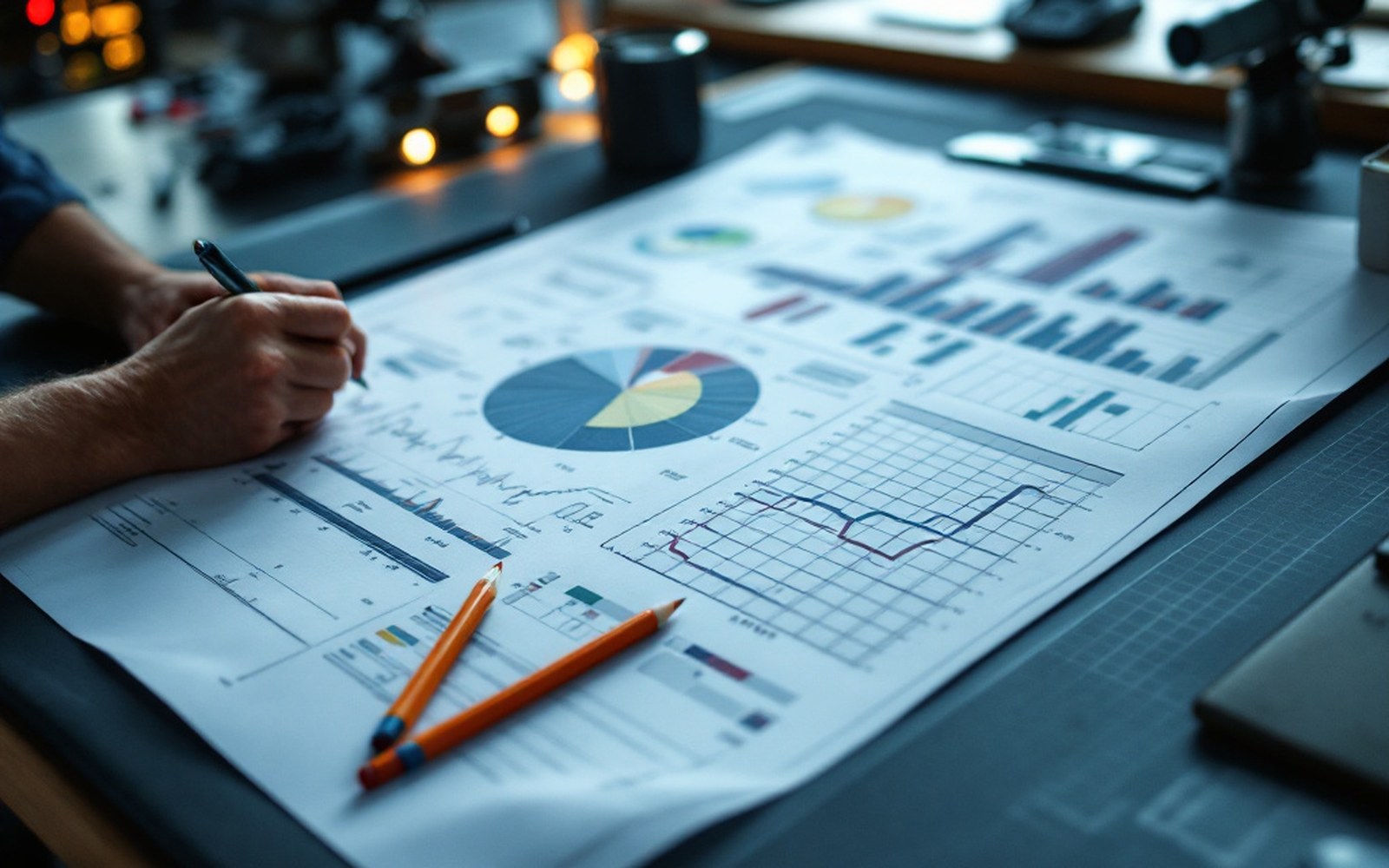 A hand annotates a printed sheet covered in pie charts, bar graphs and line graphs