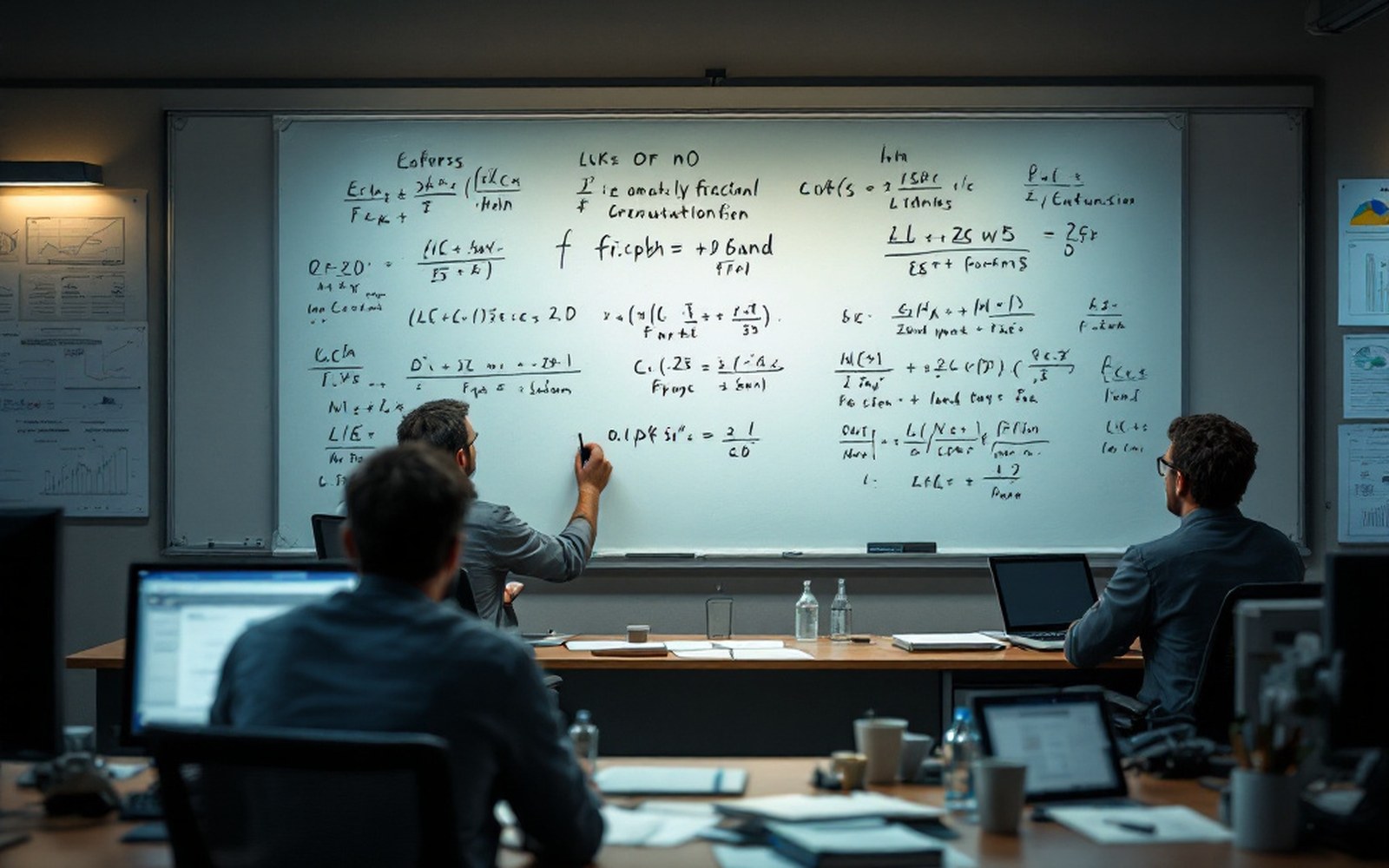A man writes equations on a whiteboard while colleagues watch from a conference table