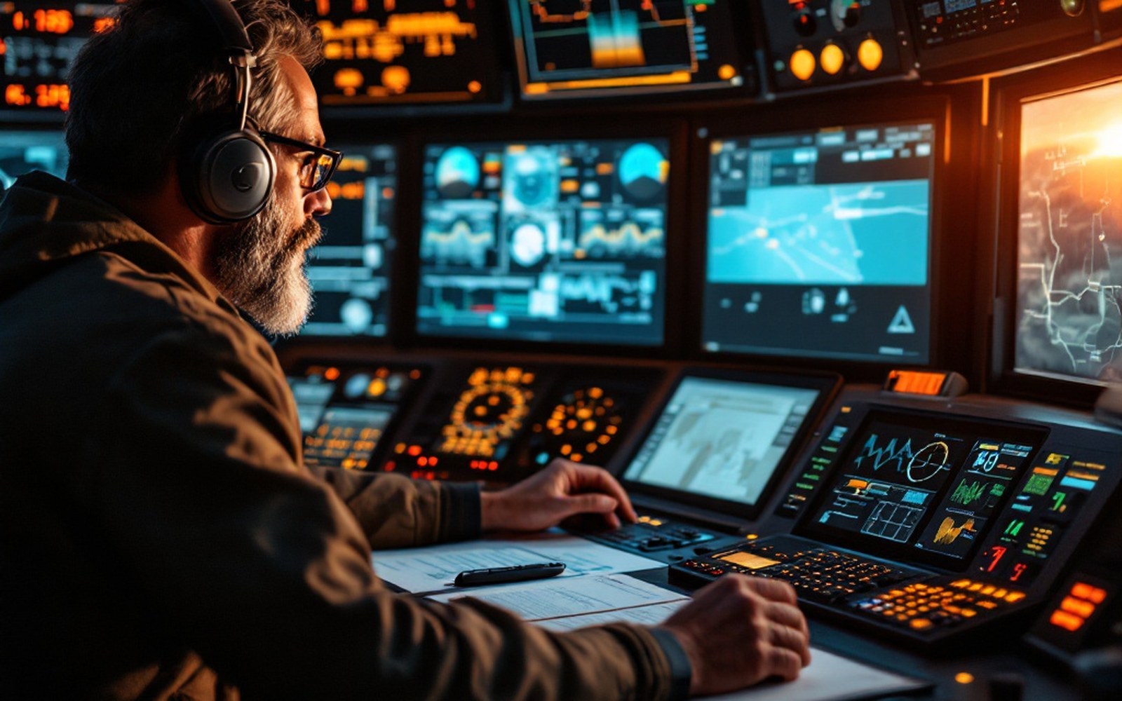 Bearded man wearing headphones monitors multiple glowing screens at a control console