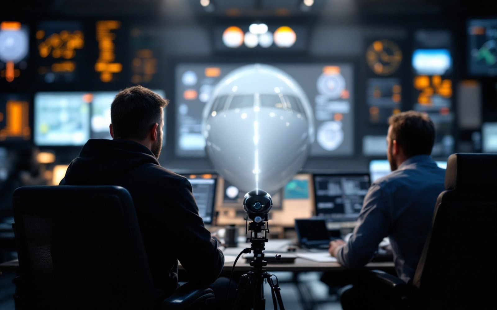 Two men sit at monitors displaying a large projected image of an airplane's nose