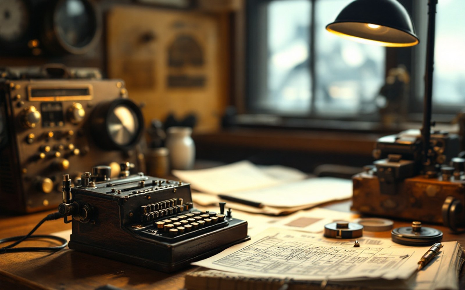 An old telegraph key and radio equipment on a desk cluttered with papers under a lamp