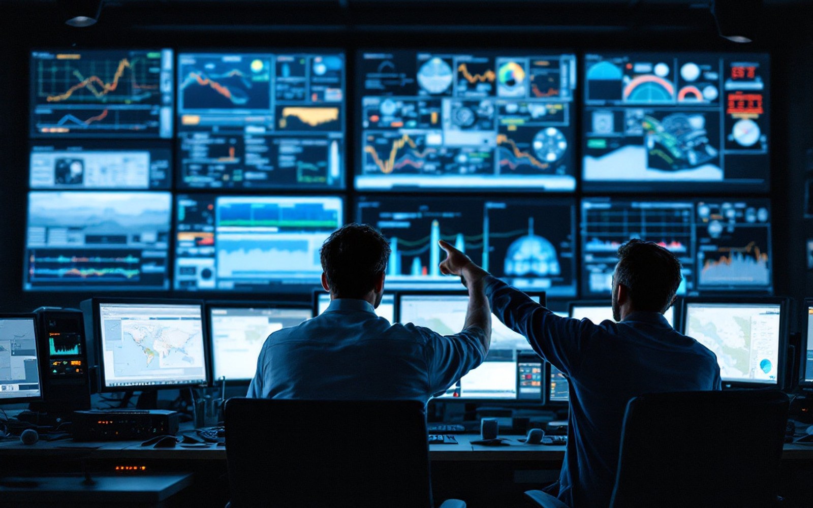 Two analysts sit before a wall of data screens, one pointing at a chart