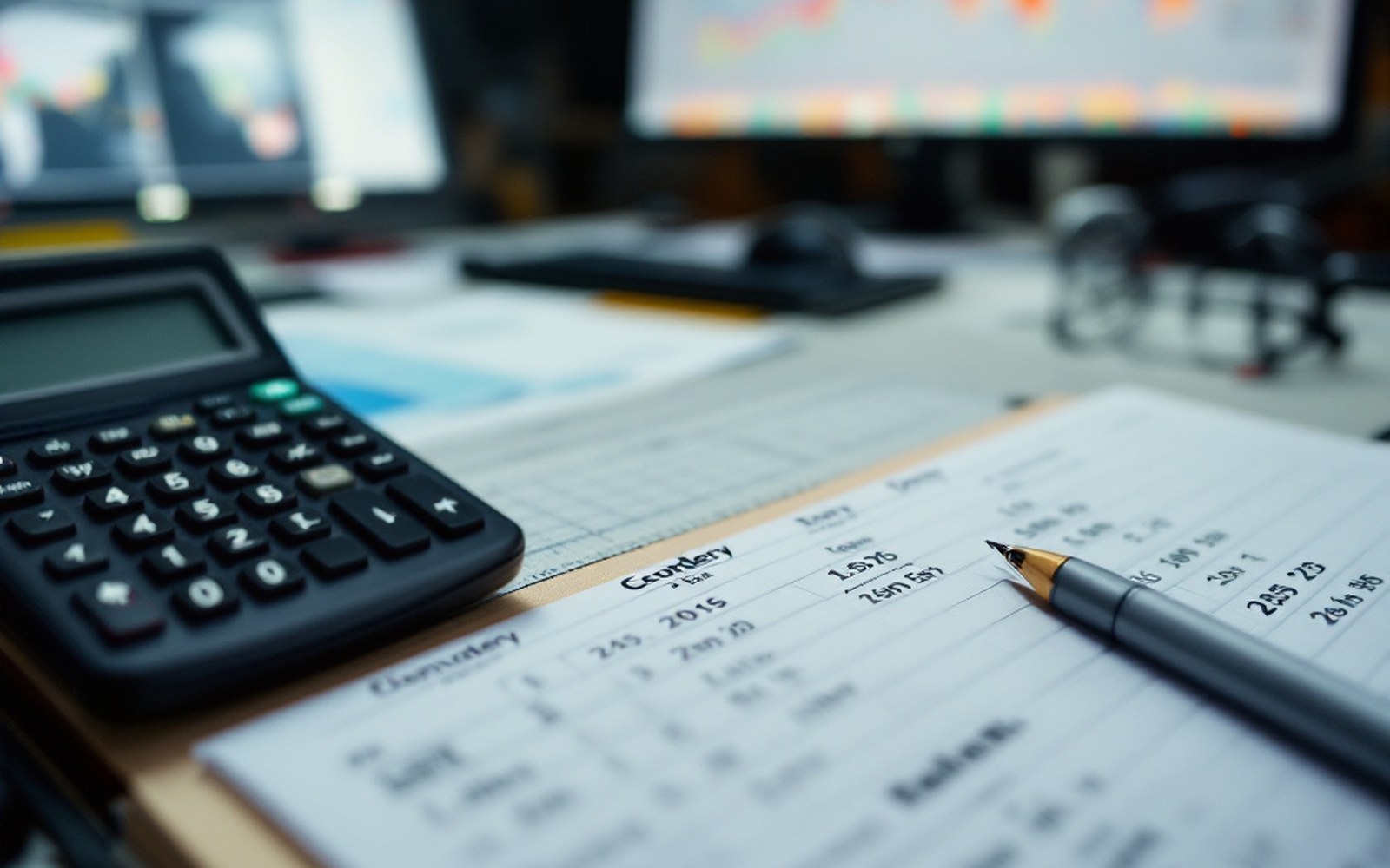 Calculator and pen resting on a printed spreadsheet with computer screens blurred in the background