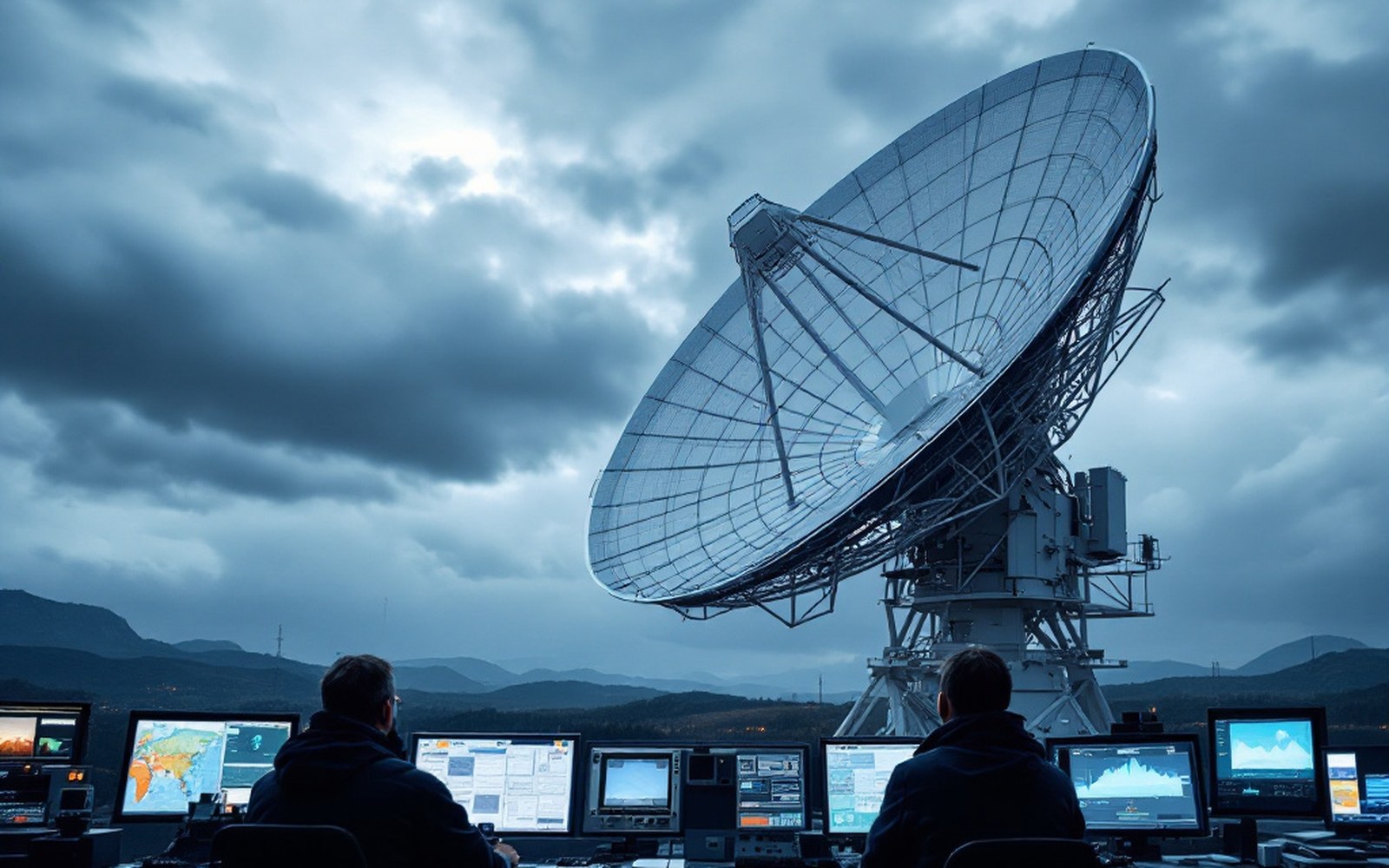 Technicians monitor multiple data screens beneath a large satellite dish under a cloudy sky
